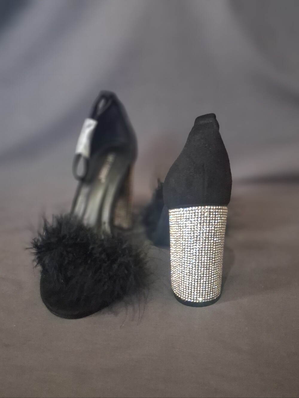 Cape Robbin Black Feather Slide Heels with Rhinestone Block Heel